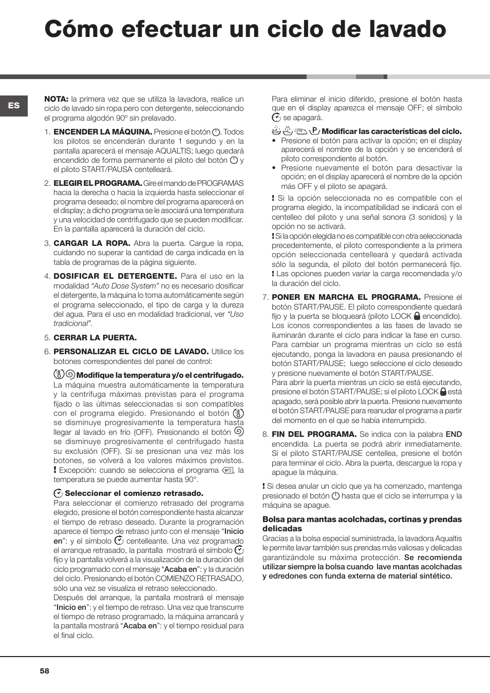 Cómo efectuar un ciclo de lavado | Hotpoint Ariston Aqualtis ADS93D 69 EU-A User Manual | Page 58 / 80
