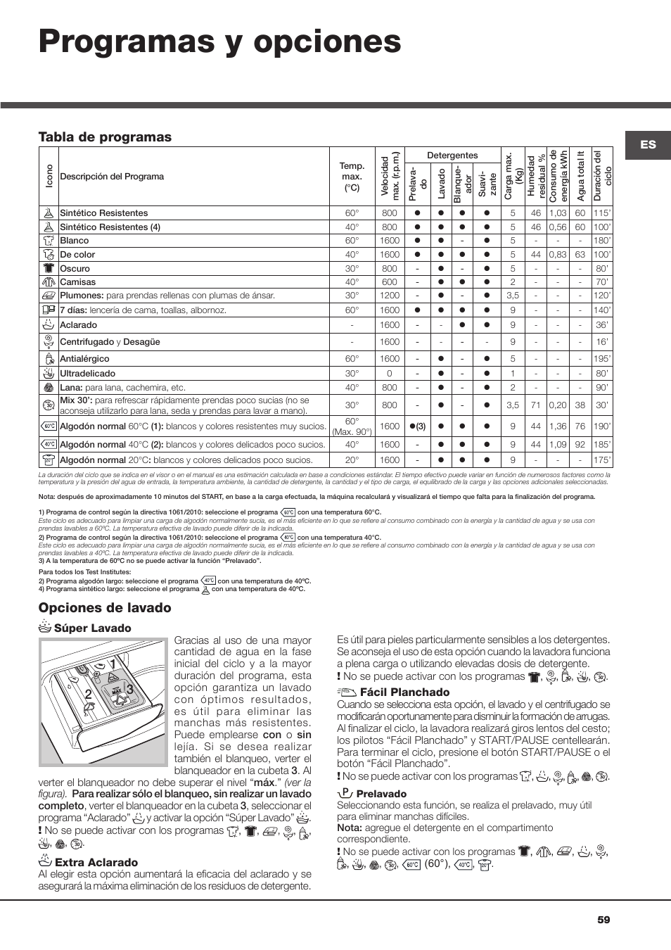 Programas y opciones, Opciones de lavado, Tabla de programas | Hotpoint Ariston Aqualtis ADS93D 69 EU-A User Manual | Page 59 / 80