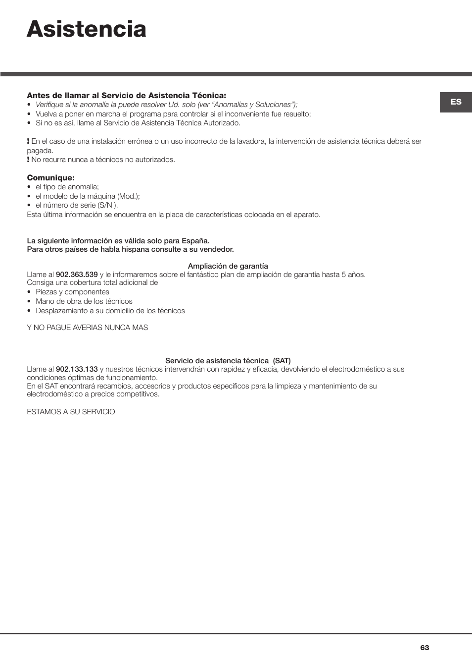 Asistencia | Hotpoint Ariston Aqualtis ADS93D 69 EU-A User Manual | Page 63 / 80