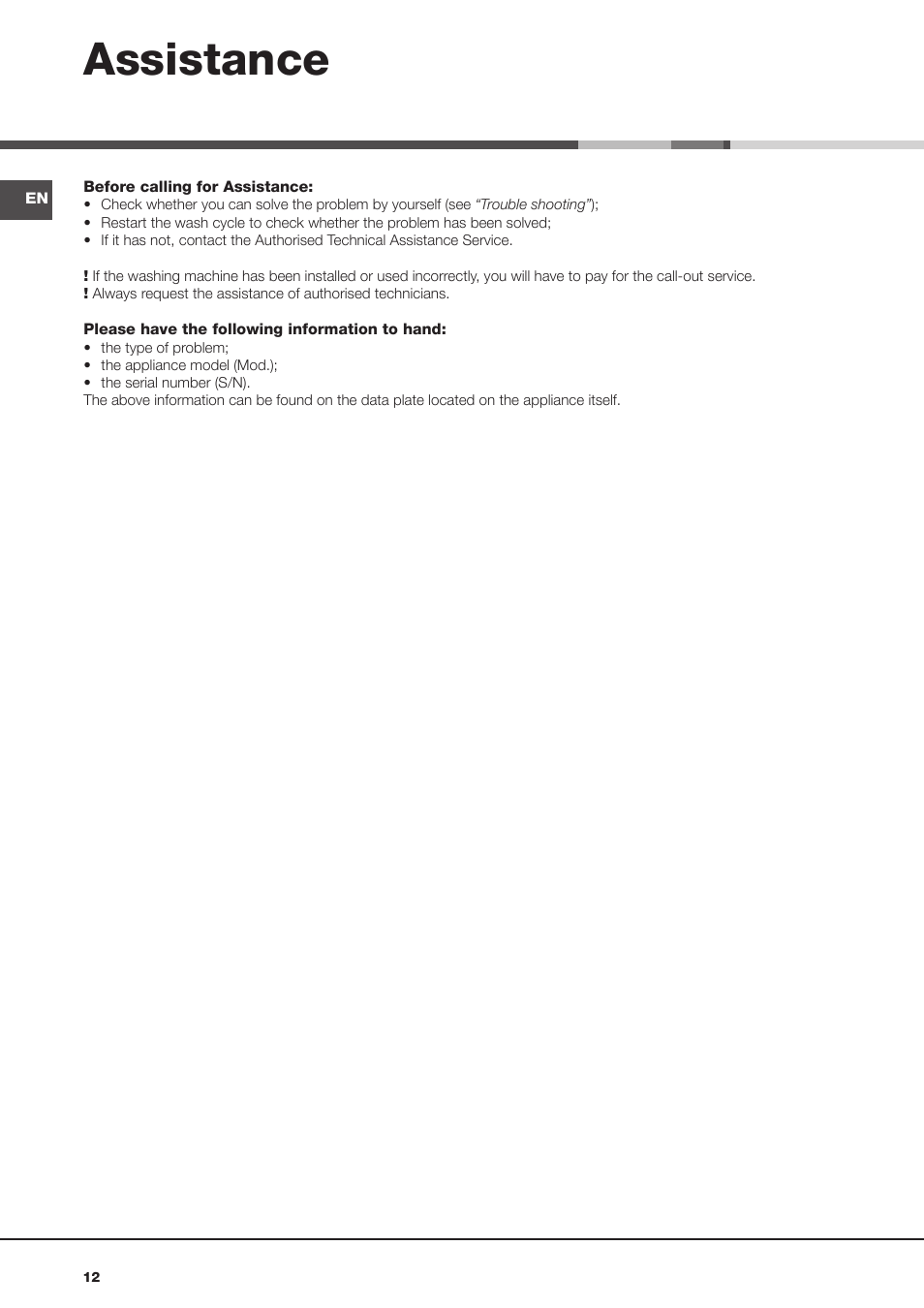 Assistance | Hotpoint Ariston AQ113D 69 User Manual | Page 12 / 84