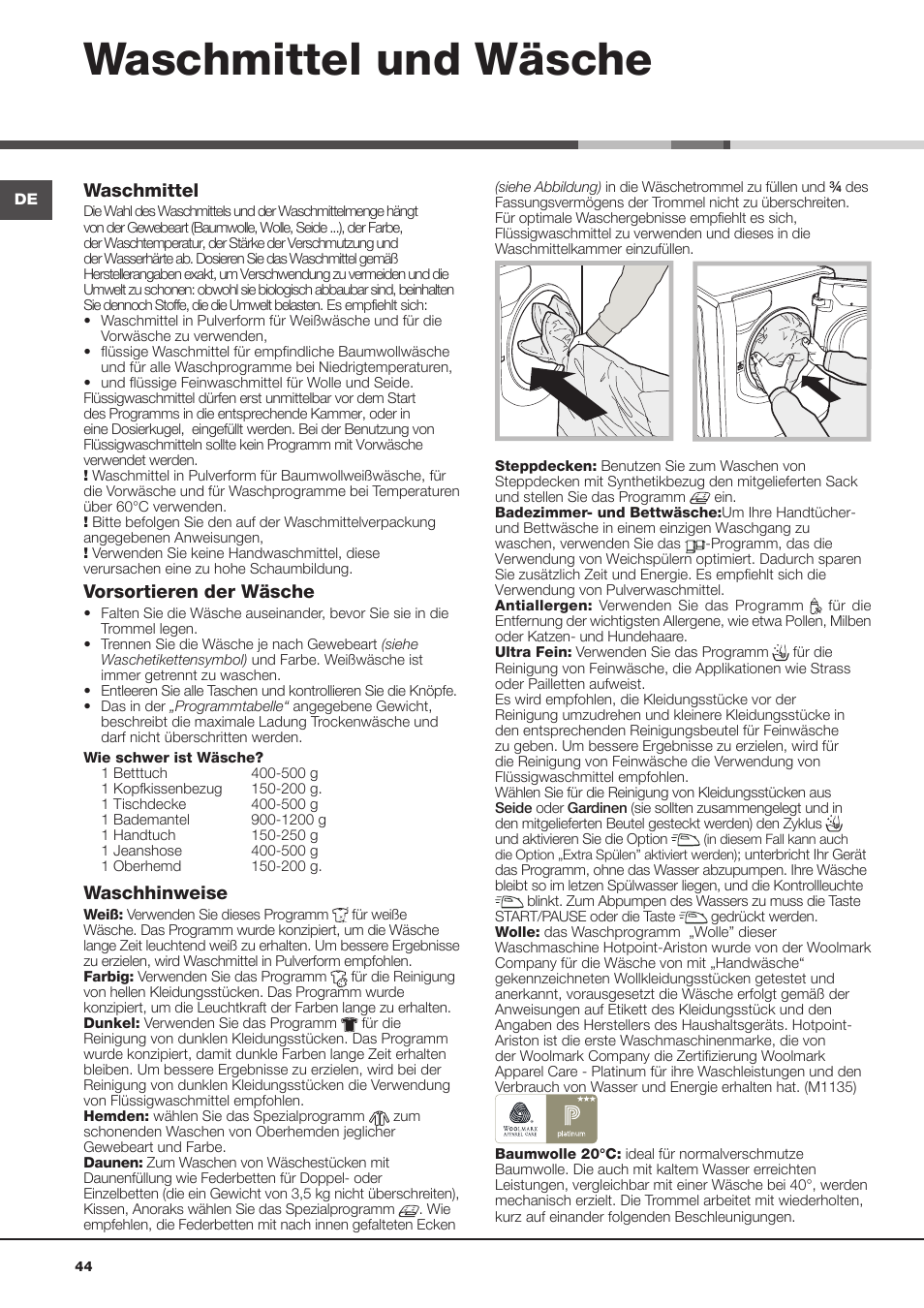 Waschmittel und wäsche, Waschmittel, Vorsortieren der wäsche | Waschhinweise | Hotpoint Ariston AQ113D 69 User Manual | Page 44 / 84