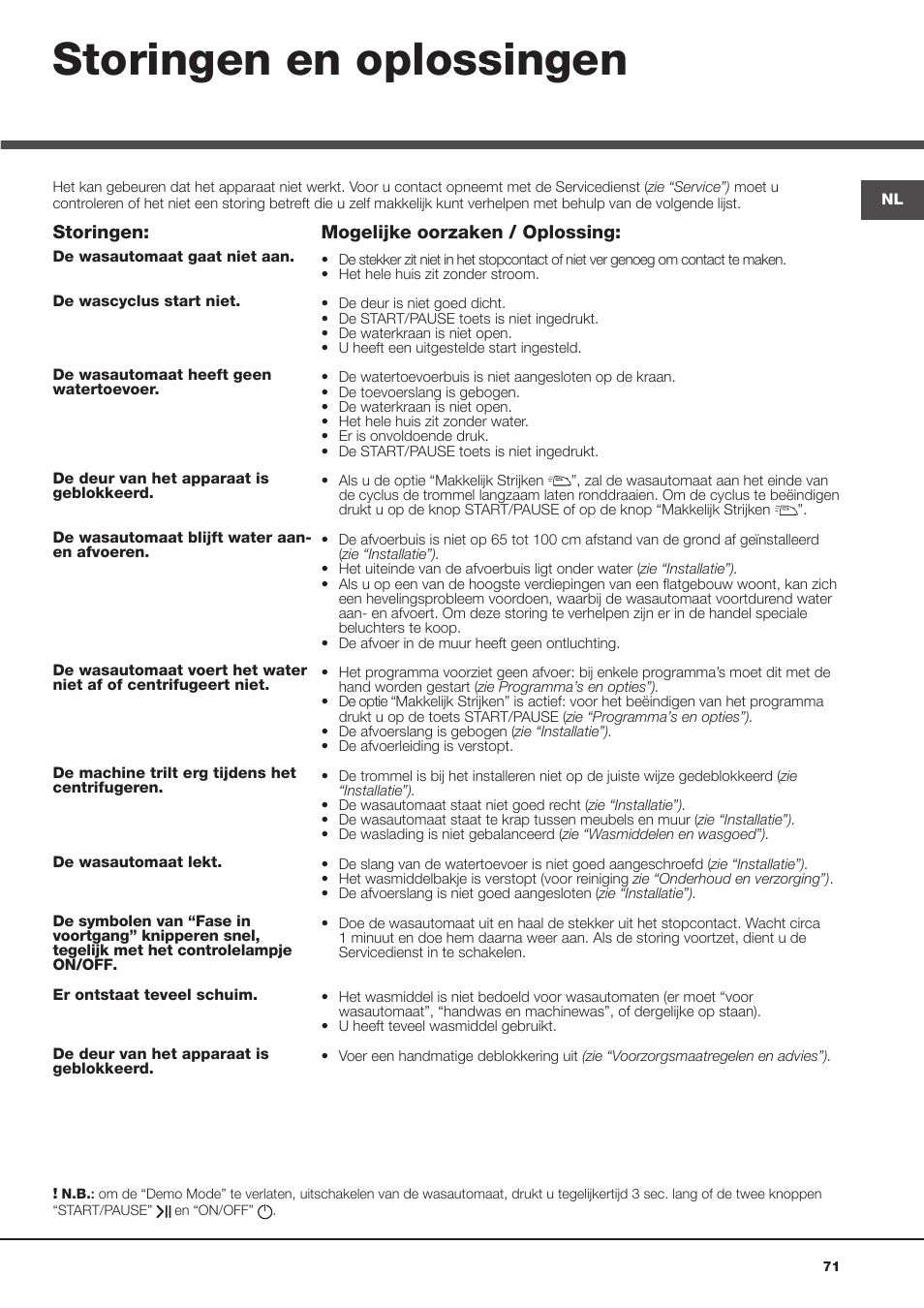 Storingen en oplossingen | Hotpoint Ariston AQ113D 69 User Manual | Page 71 / 84