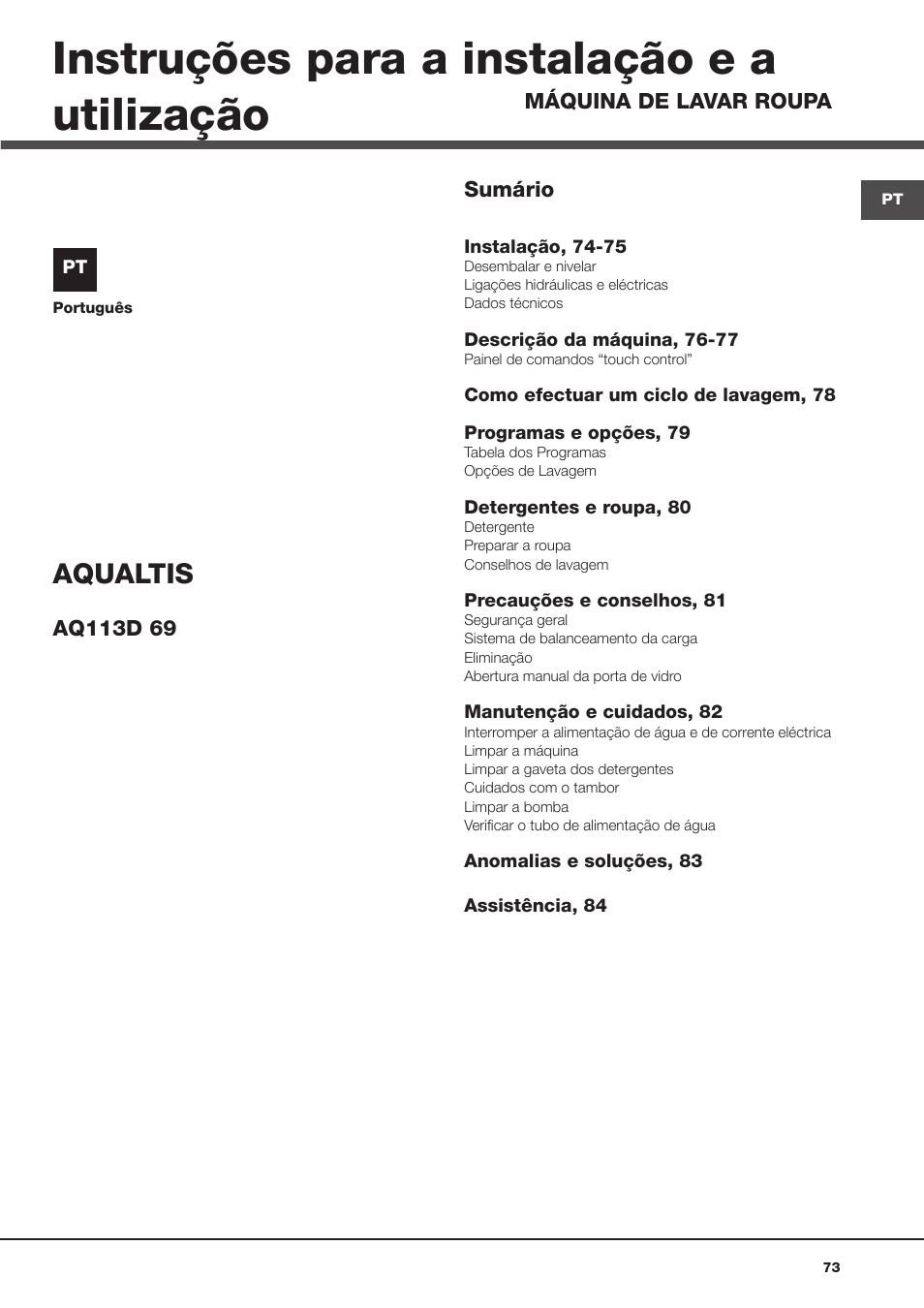 Instruções para a instalação e a utilização, Aqualtis | Hotpoint Ariston AQ113D 69 User Manual | Page 73 / 84
