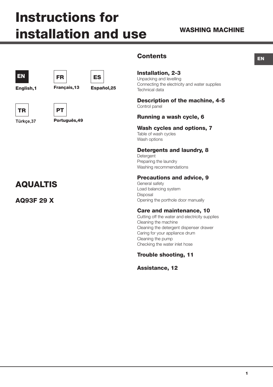 Hotpoint Ariston Aqualtis AQ93F 29X User Manual | 60 pages