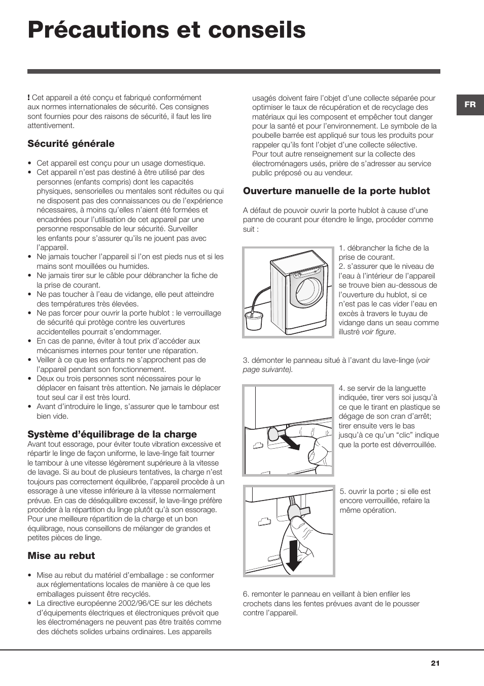 Précautions et conseils | Hotpoint Ariston Aqualtis AQ93F 29X User Manual | Page 21 / 60