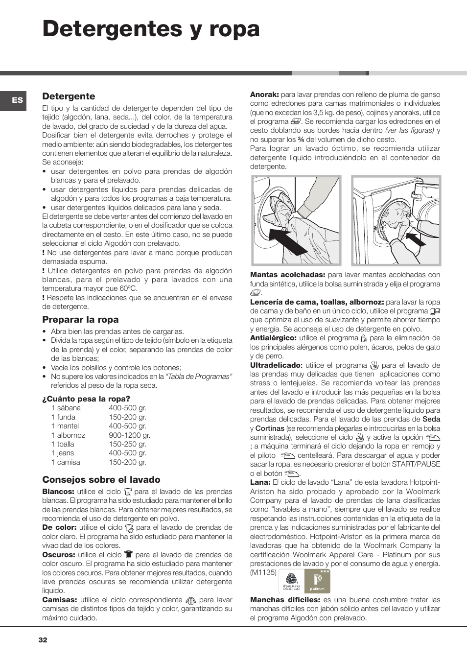 Detergentes y ropa | Hotpoint Ariston Aqualtis AQ93F 29X User Manual | Page 32 / 60