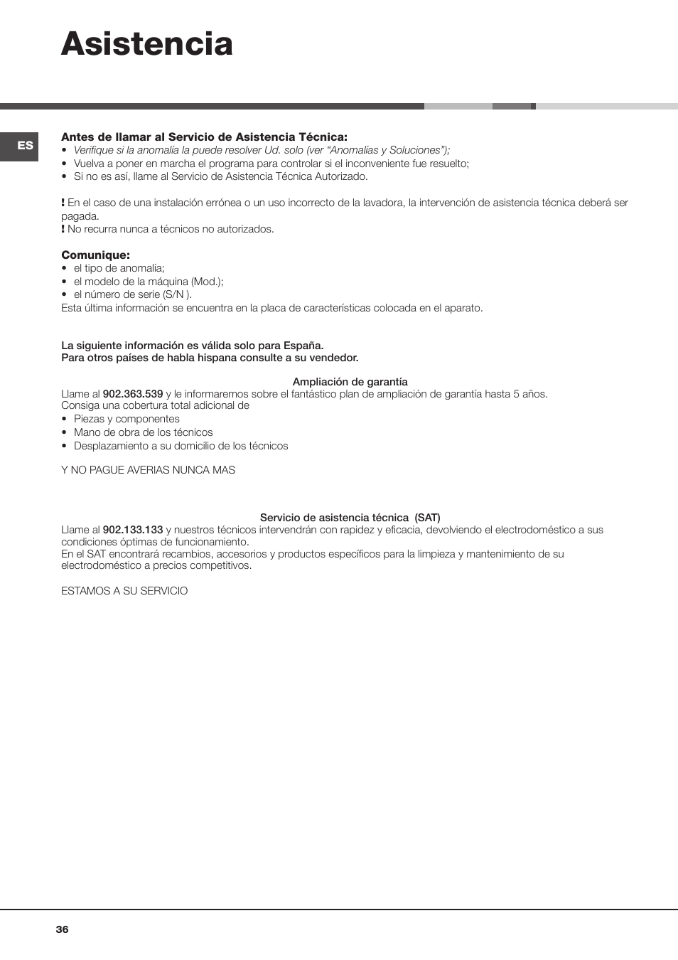 Asistencia | Hotpoint Ariston Aqualtis AQ93F 29X User Manual | Page 36 / 60