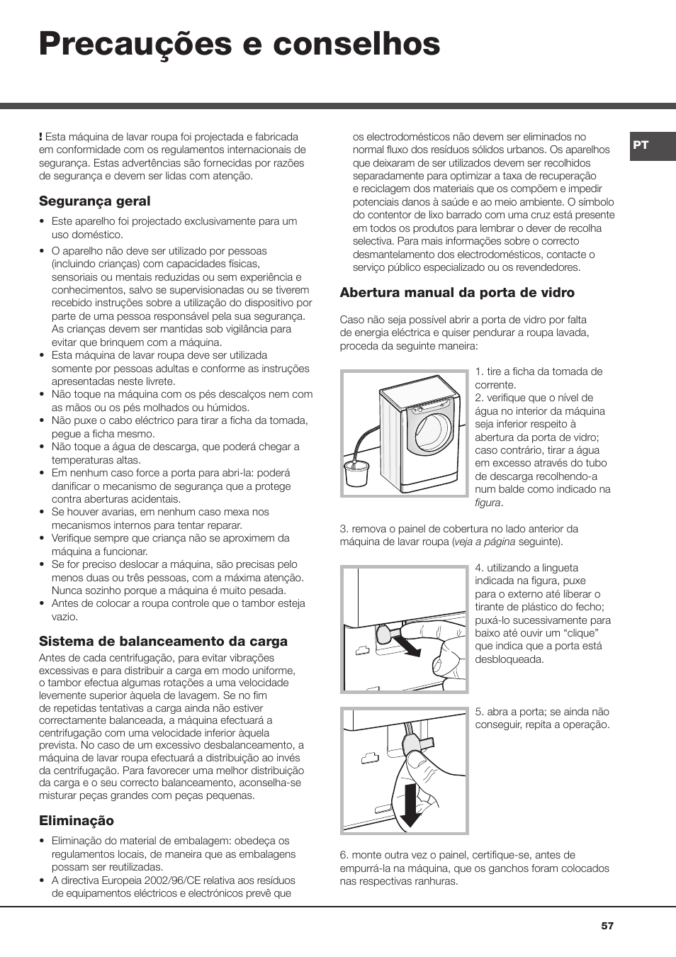 Precauções e conselhos | Hotpoint Ariston Aqualtis AQ93F 29X User Manual | Page 57 / 60