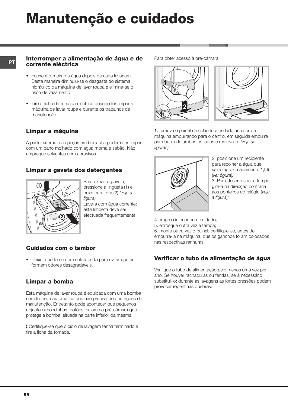 Manutenção e cuidados | Hotpoint Ariston Aqualtis AQ93F 29X User Manual | Page 58 / 60