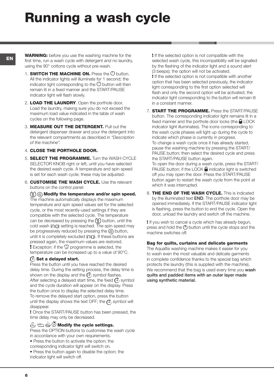 Running a wash cycle | Hotpoint Ariston Aqualtis AQ93F 29X User Manual | Page 6 / 60