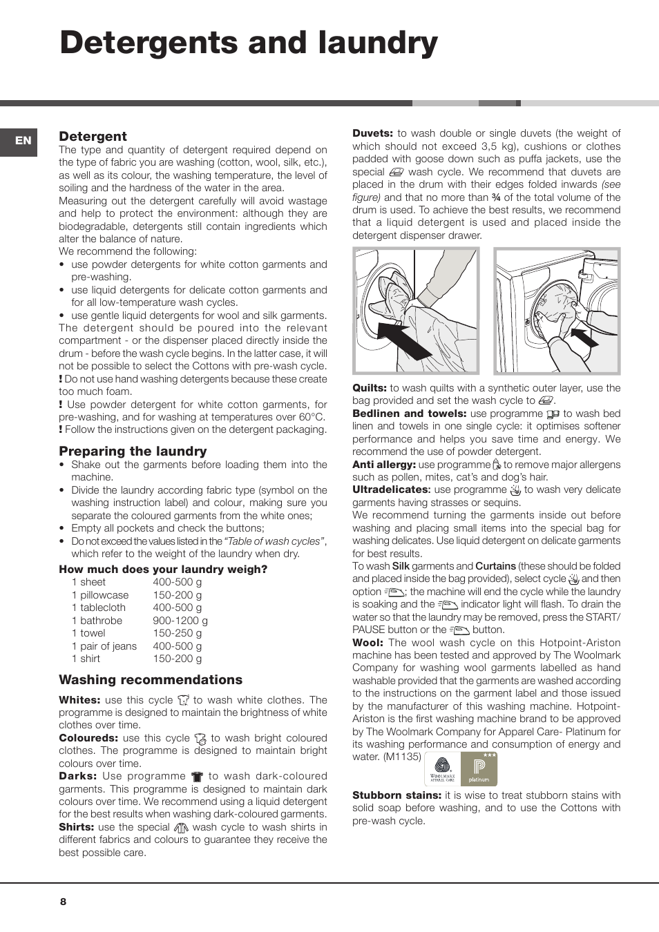 Detergents and laundry | Hotpoint Ariston Aqualtis AQ93F 29X User Manual | Page 8 / 60