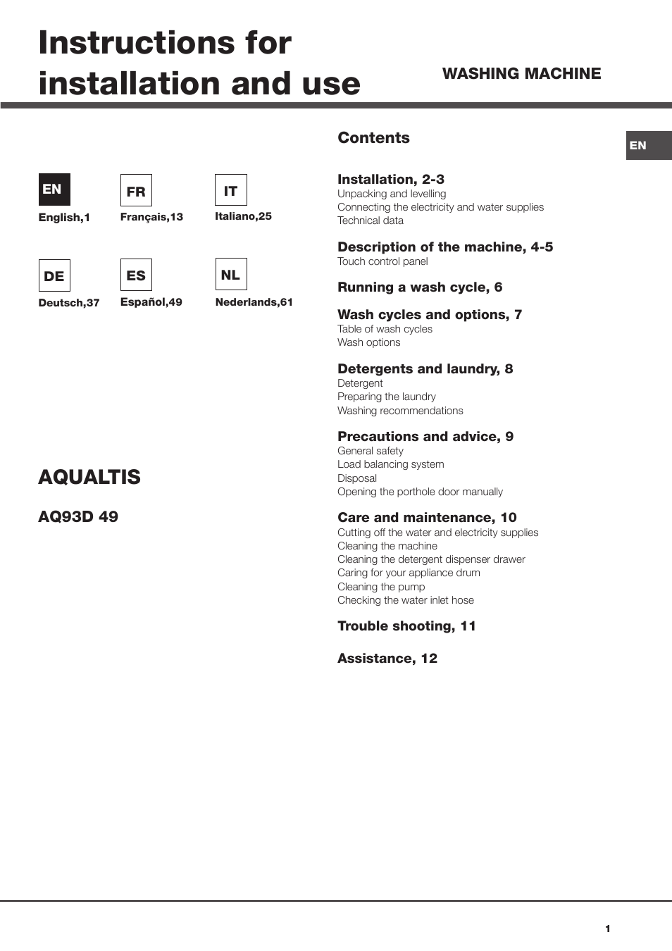 Hotpoint Ariston Aqualtis AQ93D 49 User Manual | 72 pages