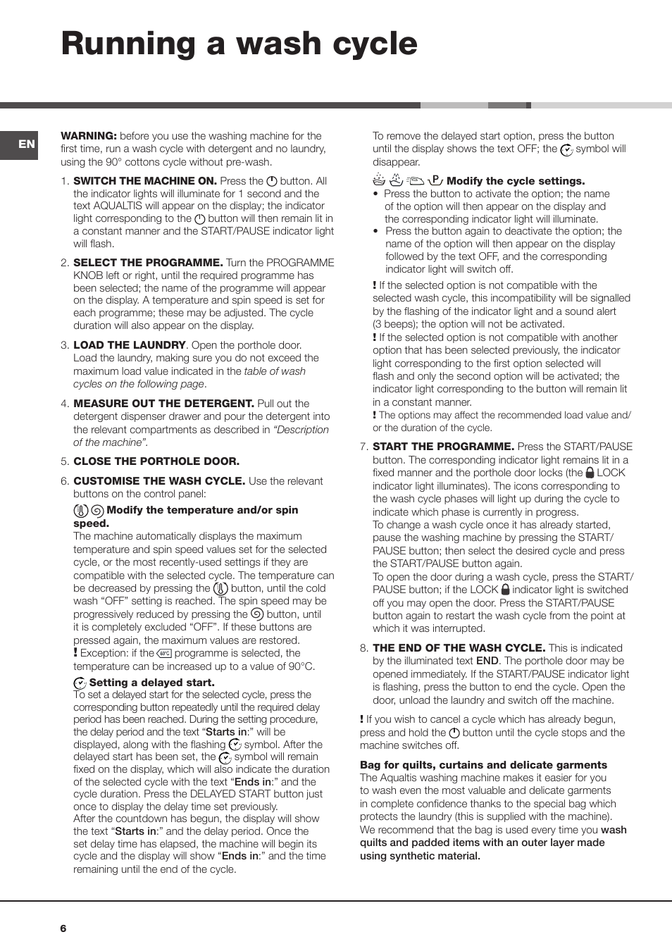 Running a wash cycle | Hotpoint Ariston Aqualtis AQ93D 49 User Manual | Page 6 / 72
