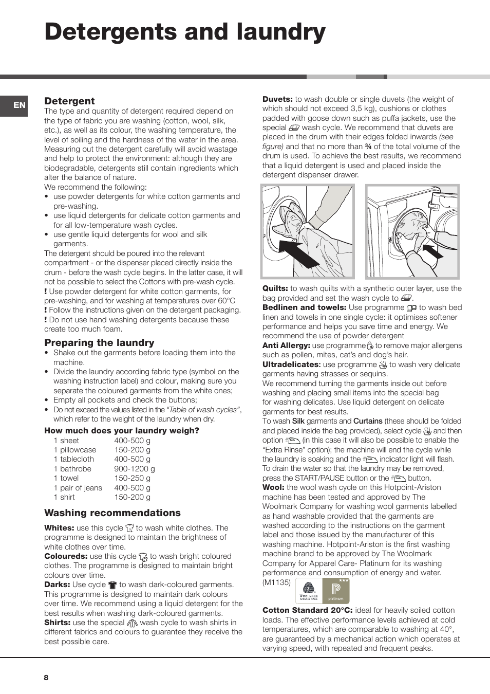 Detergents and laundry | Hotpoint Ariston Aqualtis AQ93D 49 User Manual | Page 8 / 72