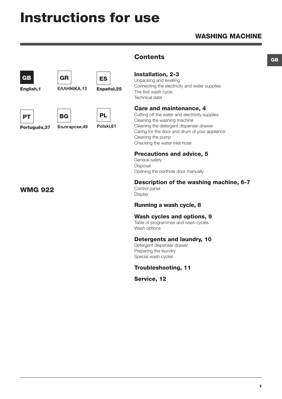 Hotpoint Ariston WMG 922 User Manual | 72 pages