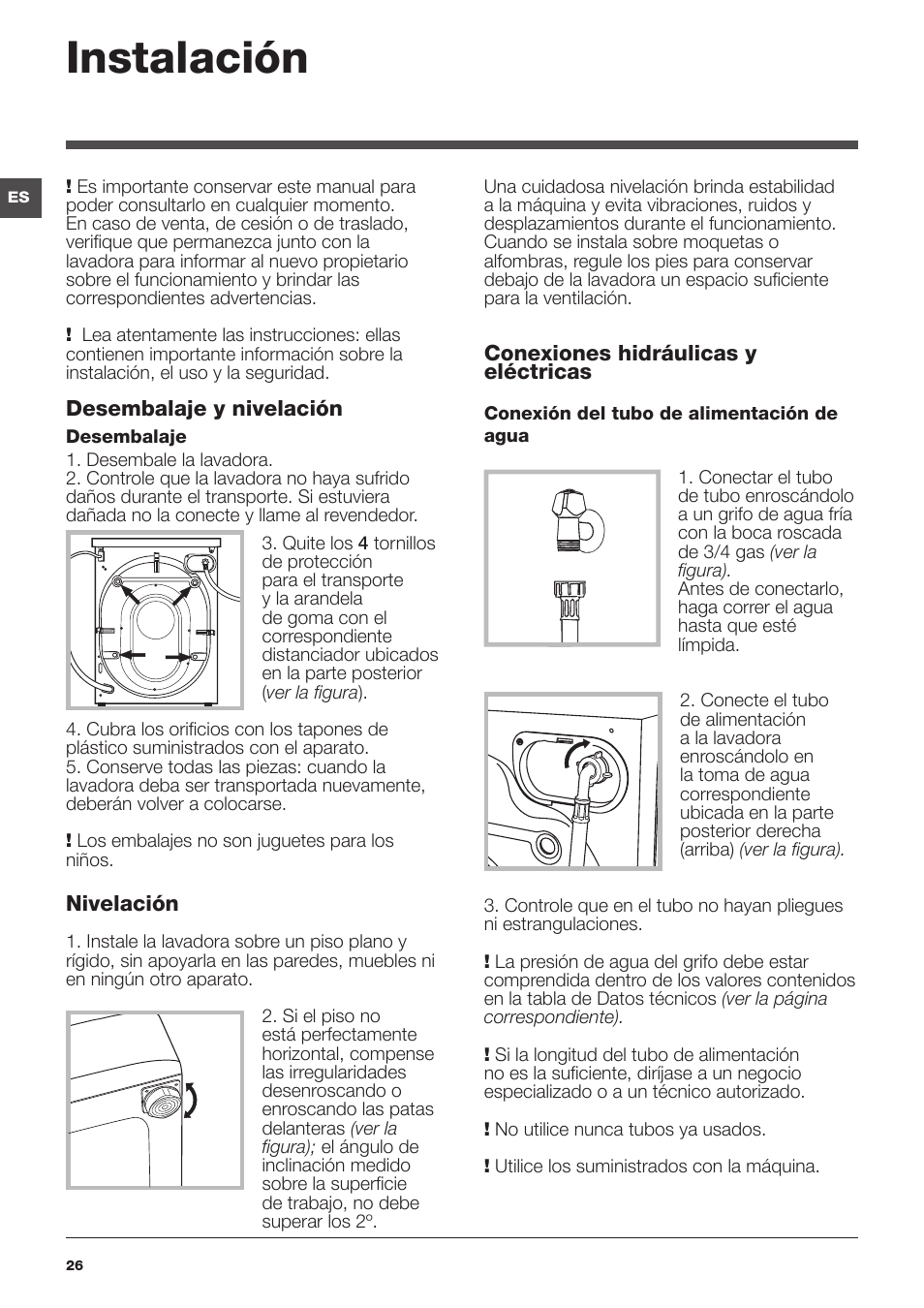 Instalación | Hotpoint Ariston WMG 922 User Manual | Page 26 / 72