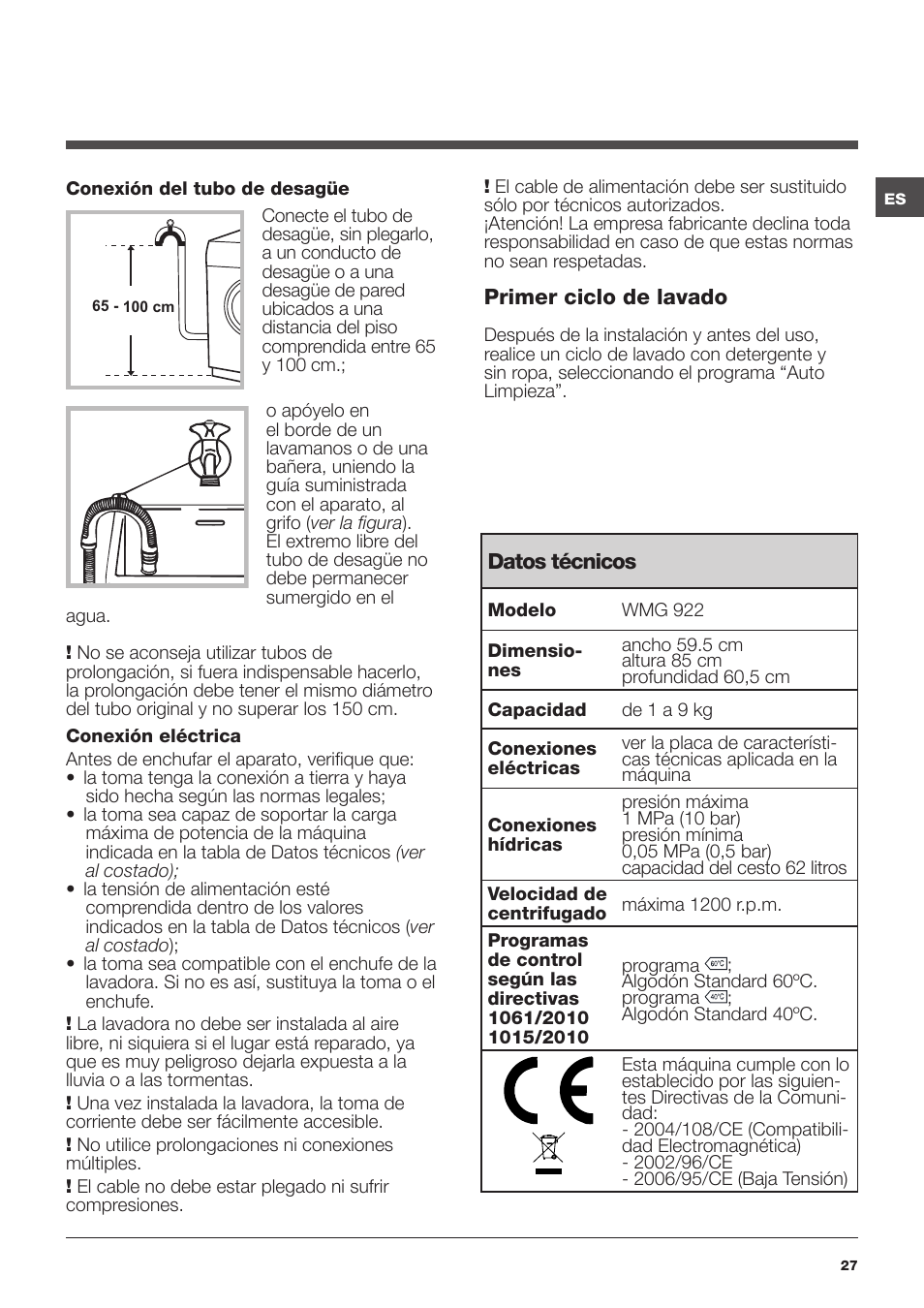 Hotpoint Ariston WMG 922 User Manual | Page 27 / 72