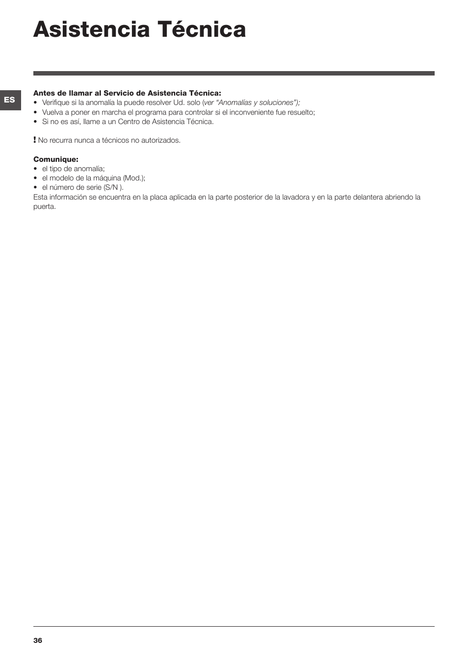 Asistencia técnica | Hotpoint Ariston WMG 922 User Manual | Page 36 / 72