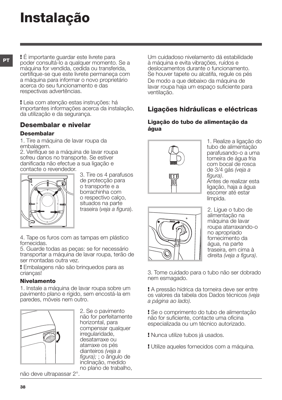 Instalação | Hotpoint Ariston WMG 922 User Manual | Page 38 / 72