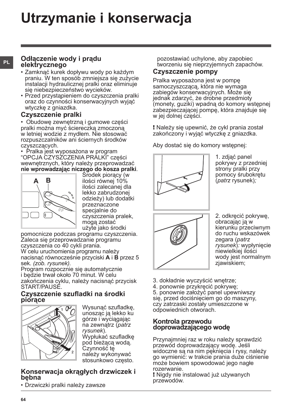 Utrzymanie i konserwacja | Hotpoint Ariston WMG 922 User Manual | Page 64 / 72