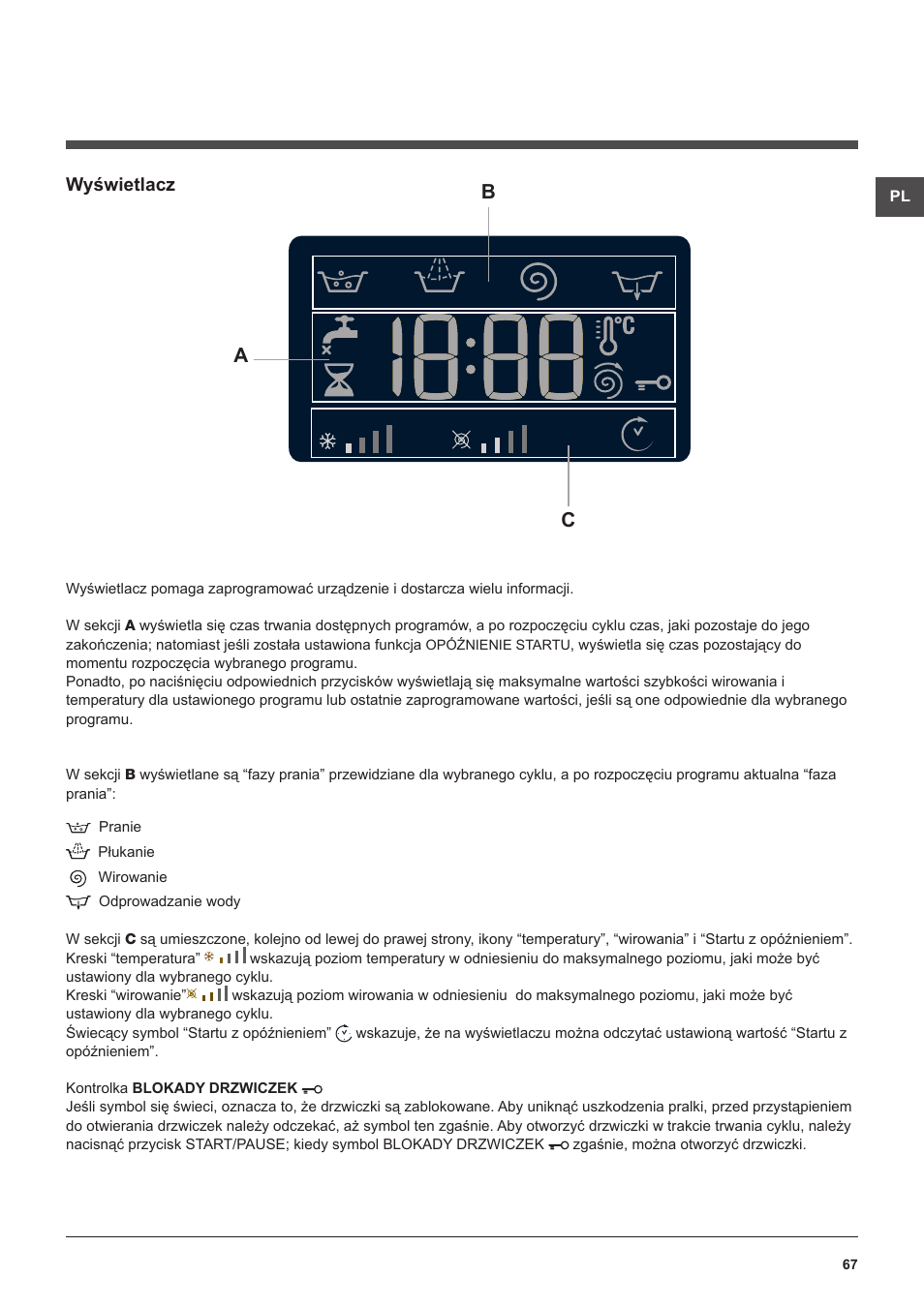 Bc a, Wyświetlacz | Hotpoint Ariston WMG 922 User Manual | Page 67 / 72