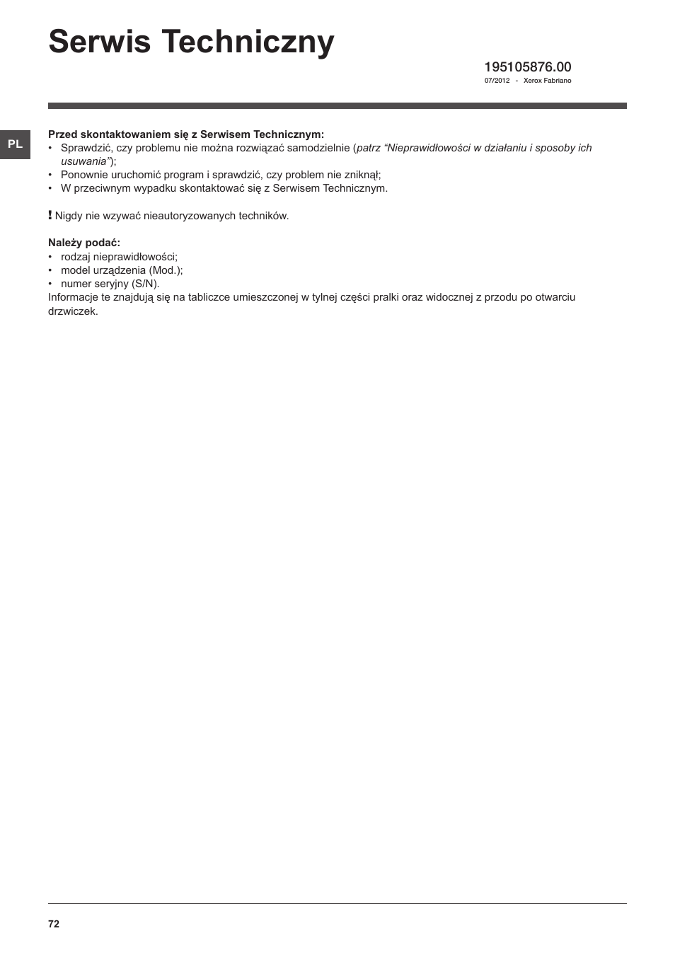 Serwis techniczny | Hotpoint Ariston WMG 922 User Manual | Page 72 / 72