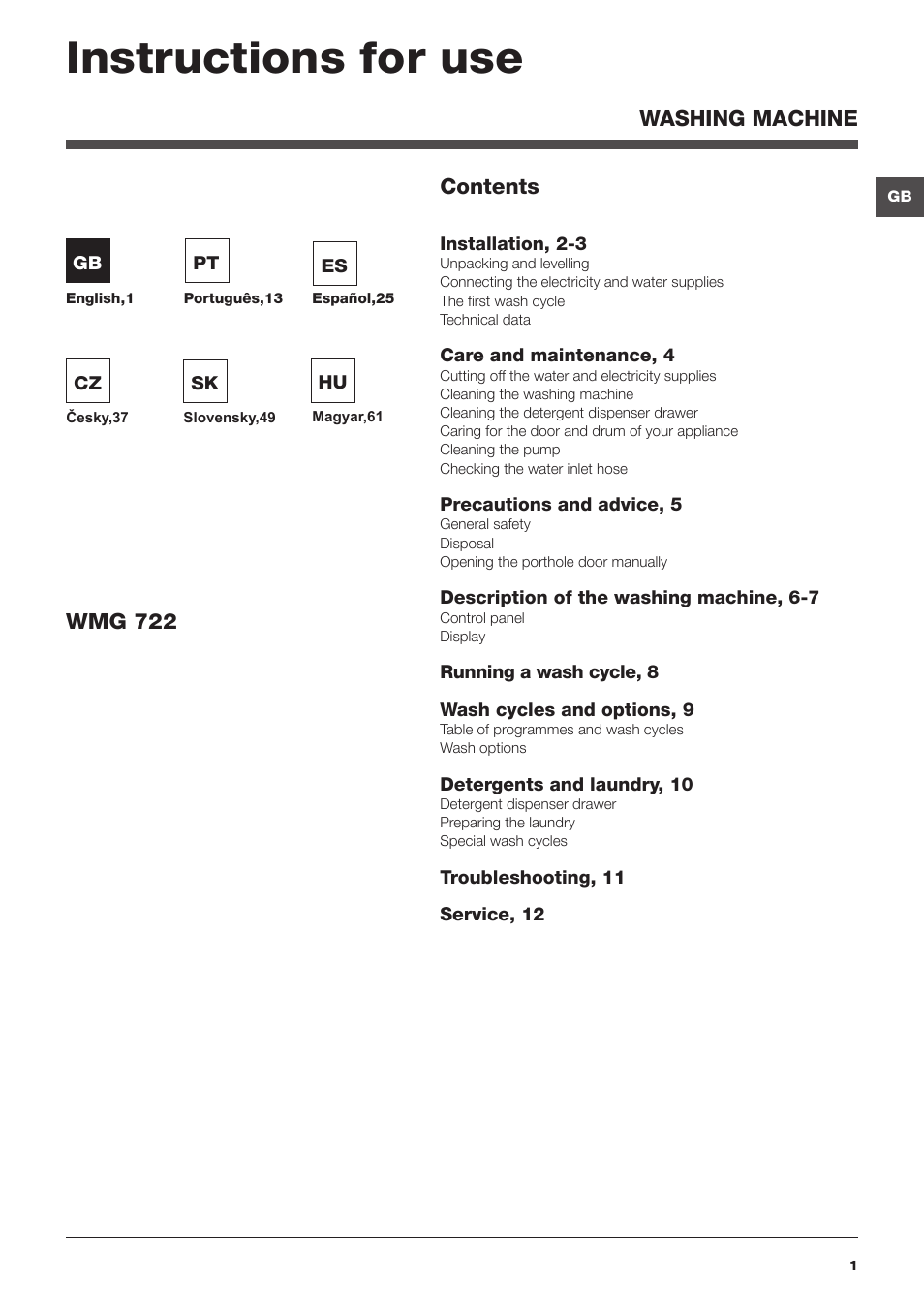 Hotpoint Ariston WMG 722B User Manual | 72 pages