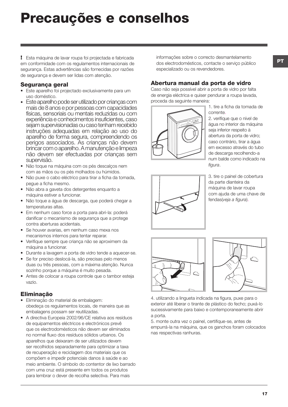 Precauções e conselhos | Hotpoint Ariston WMG 722B User Manual | Page 17 / 72