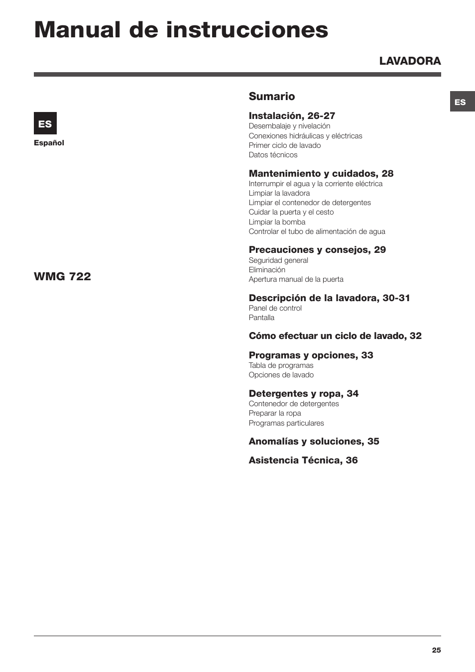 Manual de instrucciones | Hotpoint Ariston WMG 722B User Manual | Page 25 / 72