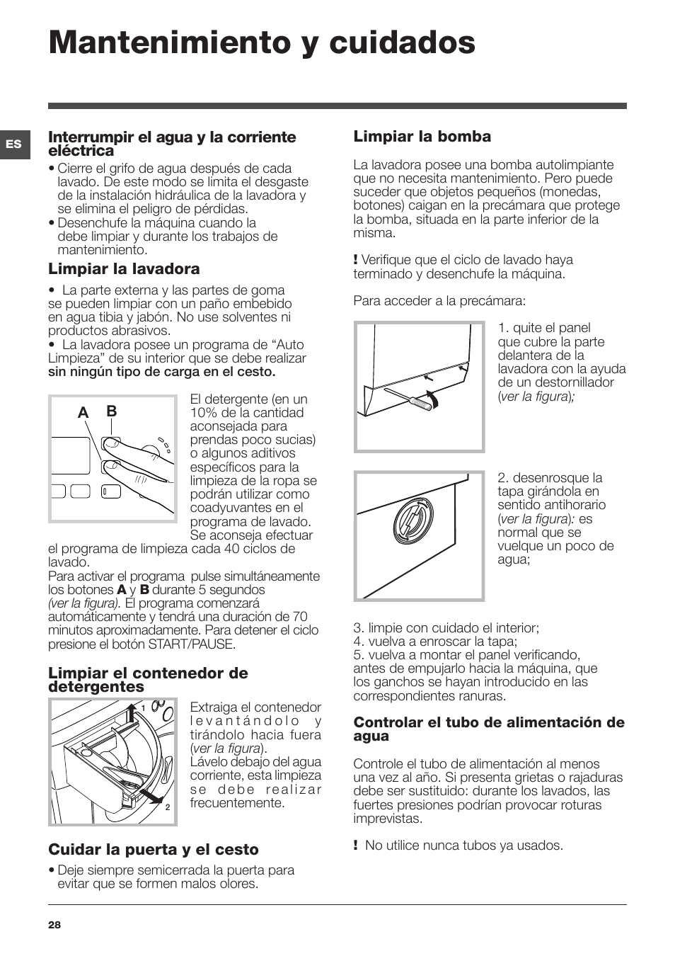 Mantenimiento y cuidados | Hotpoint Ariston WMG 722B User Manual | Page 28 / 72
