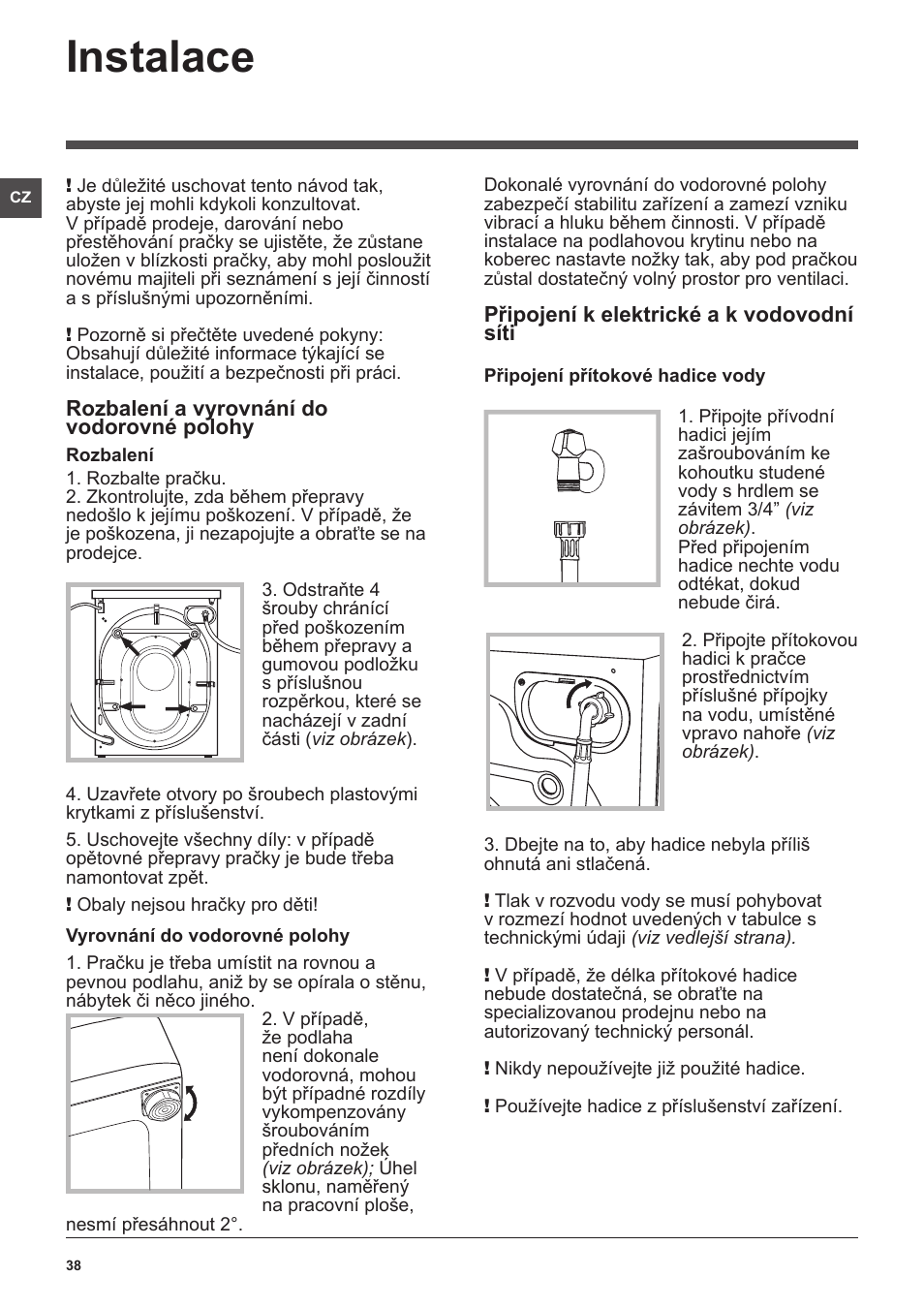 Instalace | Hotpoint Ariston WMG 722B User Manual | Page 38 / 72