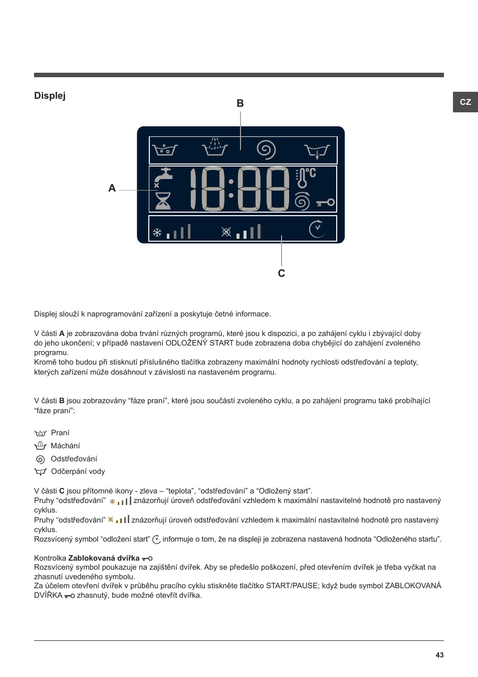Bc a, Displej | Hotpoint Ariston WMG 722B User Manual | Page 43 / 72