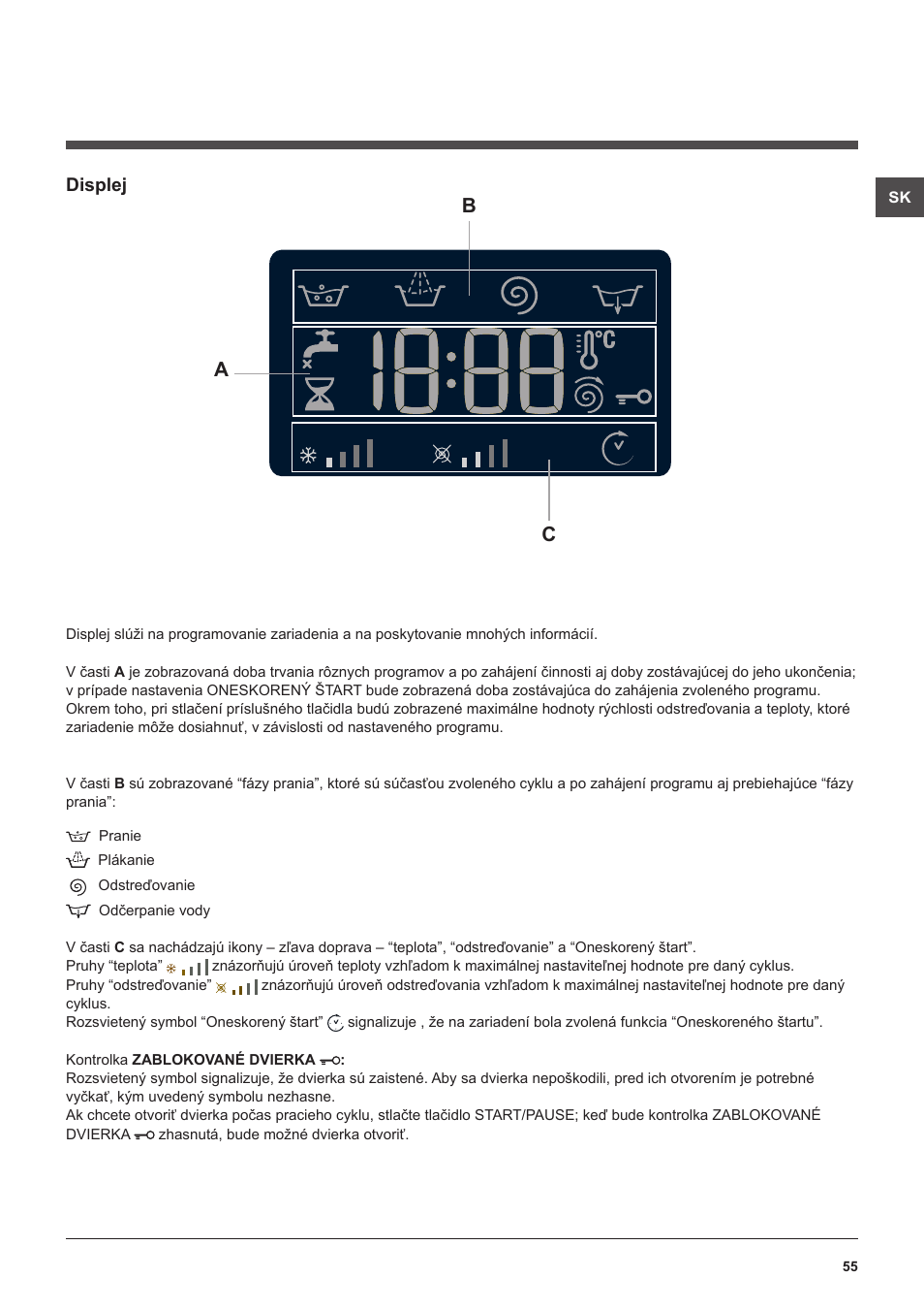 Bc a, Displej | Hotpoint Ariston WMG 722B User Manual | Page 55 / 72