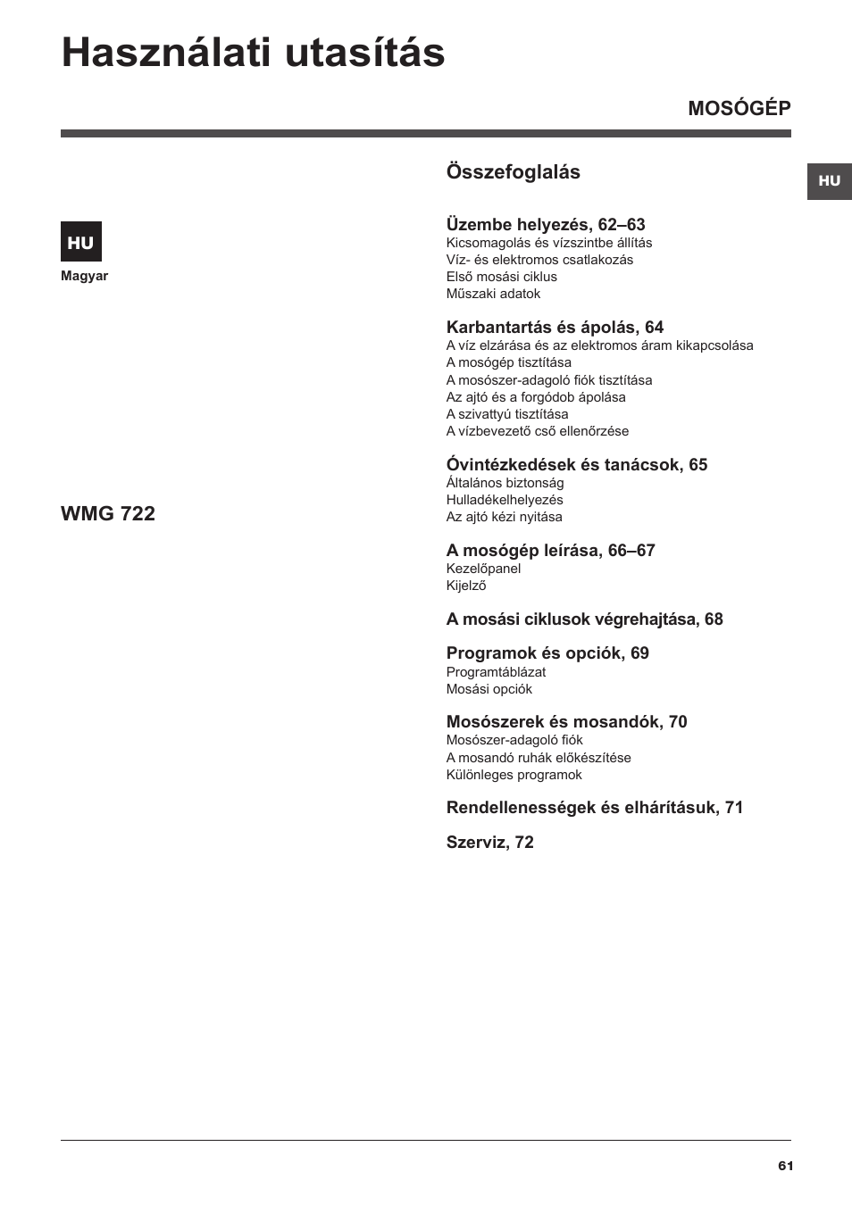 Használati utasítás, Mosógép összefoglalás, Wmg 722 | Hotpoint Ariston WMG 722B User Manual | Page 61 / 72