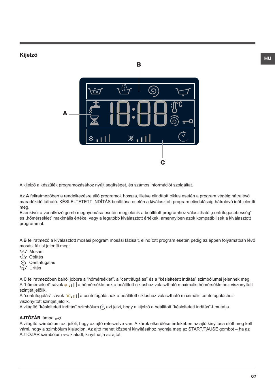 Bc a, Kijelző | Hotpoint Ariston WMG 722B User Manual | Page 67 / 72