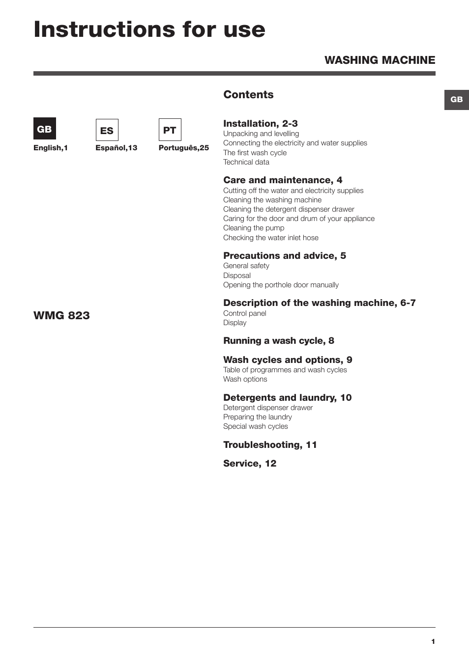 Hotpoint Ariston WMG 823 User Manual | 36 pages