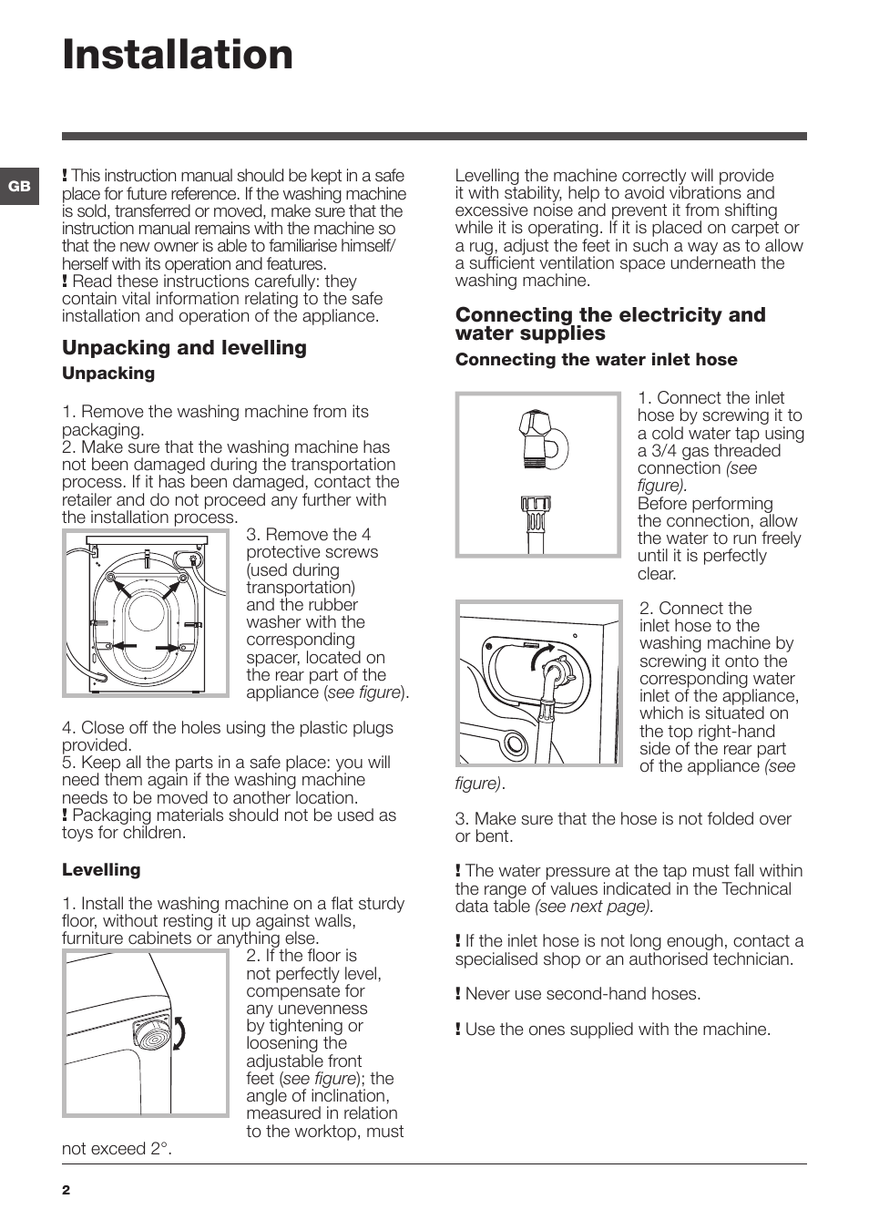 Installation | Hotpoint Ariston WMG 823 User Manual | Page 2 / 36