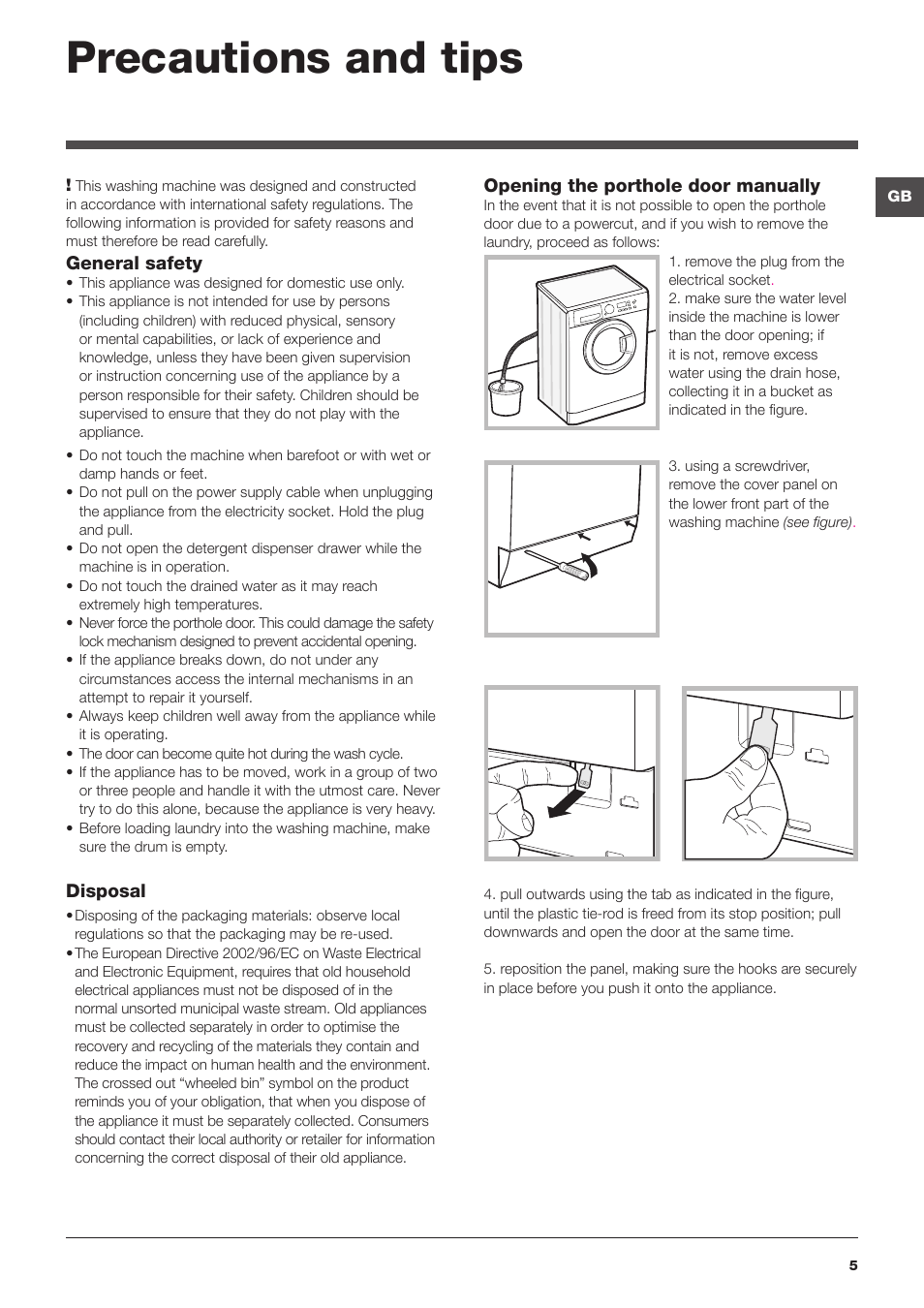 Precautions and tips | Hotpoint Ariston WMG 823 User Manual | Page 5 / 36