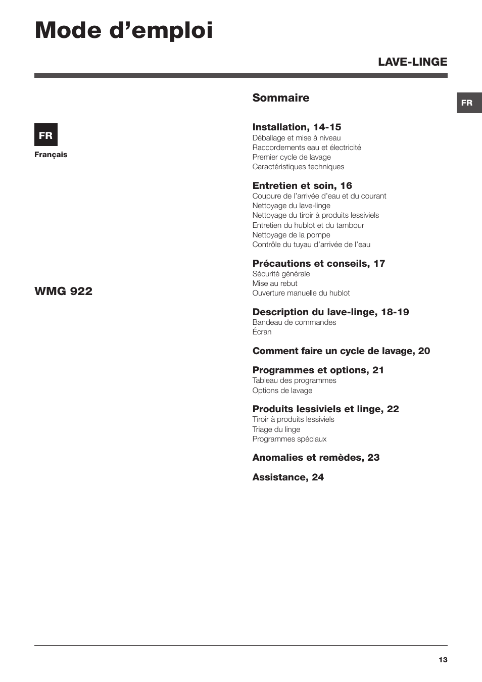 Mode d’emploi | Hotpoint Ariston WMG 922X EU User Manual | Page 13 / 48