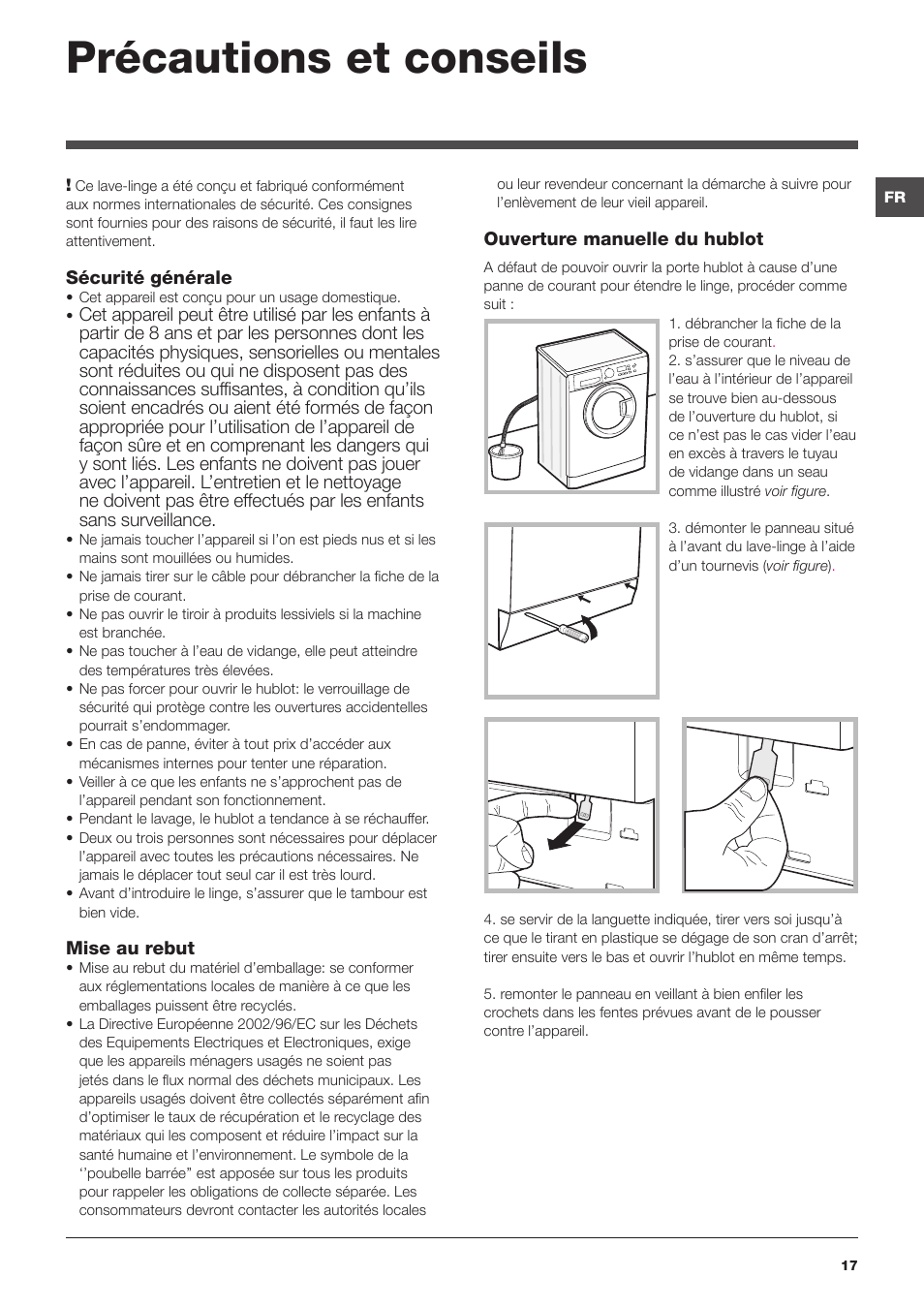 Précautions et conseils | Hotpoint Ariston WMG 922X EU User Manual | Page 17 / 48