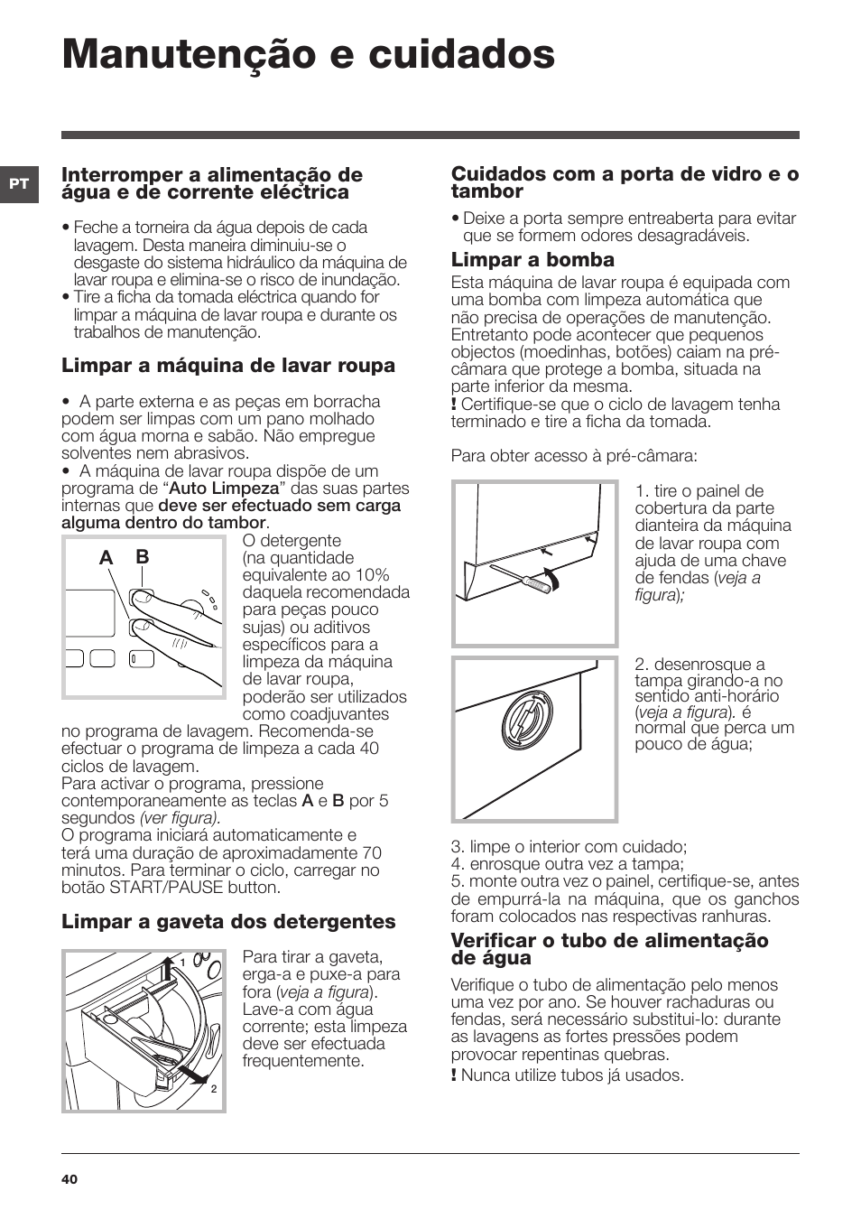 Manutenção e cuidados | Hotpoint Ariston WMG 922X EU User Manual | Page 40 / 48