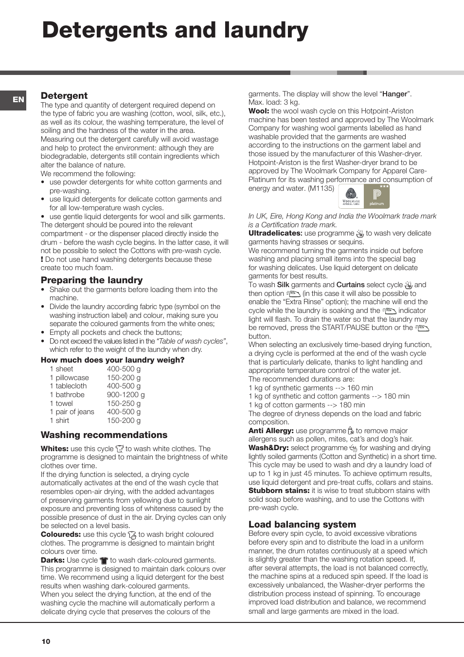 Detergents and laundry, Load balancing system, Detergent | Preparing the laundry, Washing recommendations | Hotpoint Ariston AQD1070D 69 User Manual | Page 10 / 60