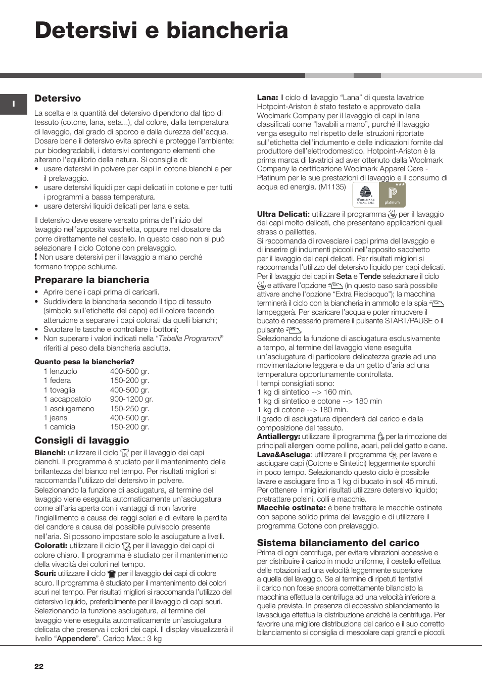 Detersivi e biancheria, Detersivo, Preparare la biancheria | Consigli di lavaggio, Sistema bilanciamento del carico | Hotpoint Ariston AQD1070D 69 User Manual | Page 22 / 60