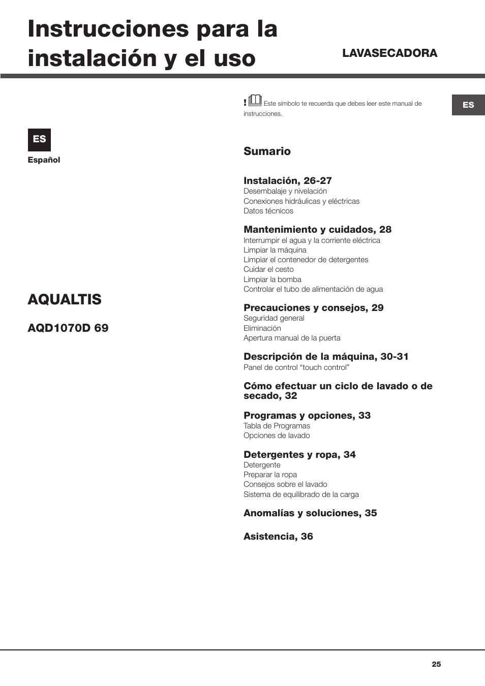 Instrucciones para la instalación y el uso, Aqualtis | Hotpoint Ariston AQD1070D 69 User Manual | Page 25 / 60