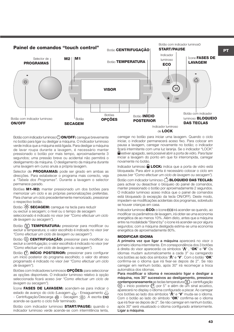 Painel de comandos “touch control | Hotpoint Ariston AQD1070D 69 User Manual | Page 43 / 60