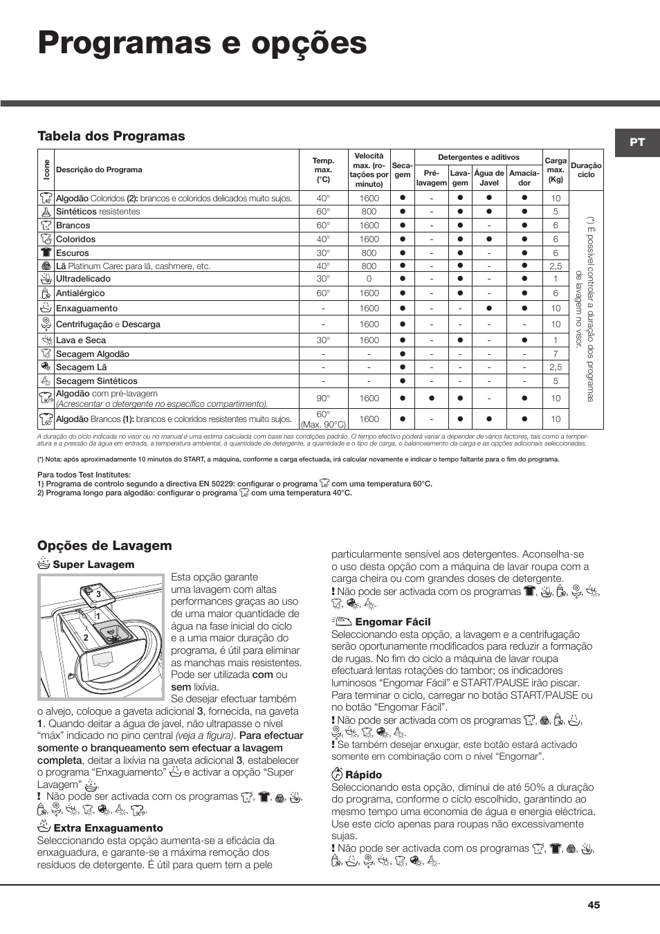 Programas e opções, Opções de lavagem, Tabela dos programas | Hotpoint Ariston AQD1070D 69 User Manual | Page 45 / 60