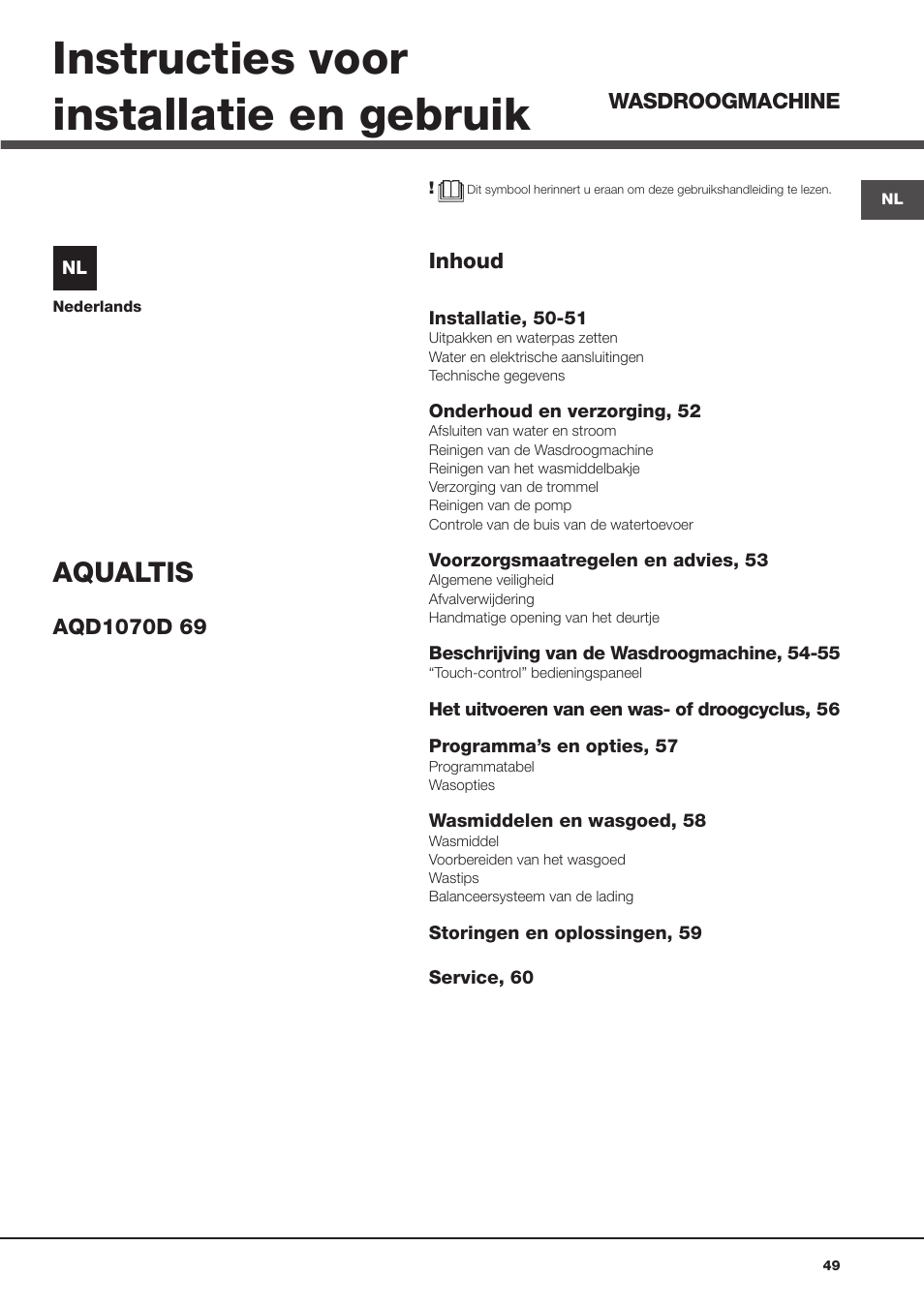 Instructies voor installatie en gebruik, Aqualtis | Hotpoint Ariston AQD1070D 69 User Manual | Page 49 / 60