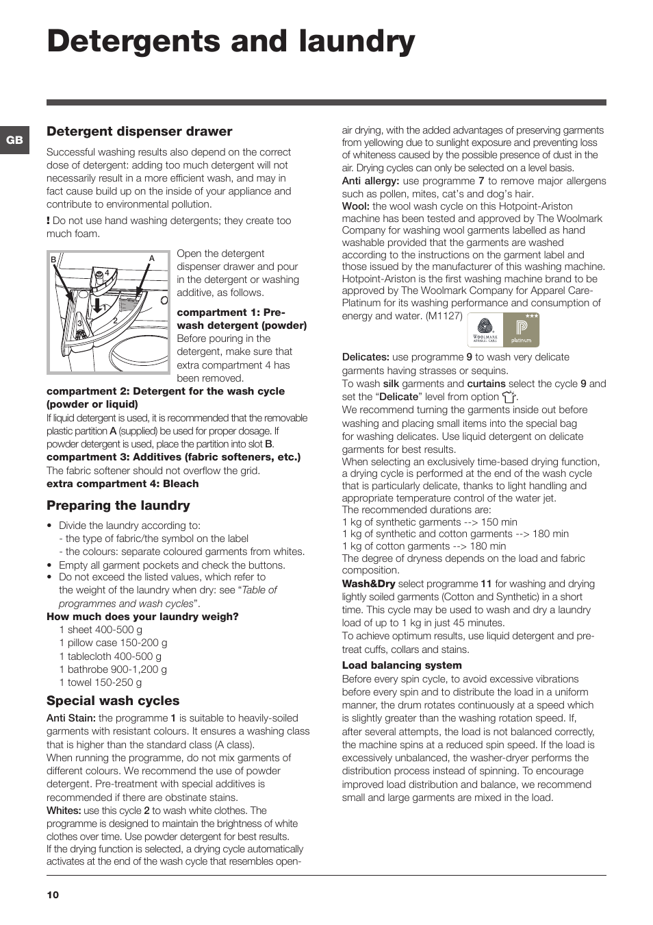 Detergents and laundry, Detergent dispenser drawer, Preparing the laundry | Special wash cycles | Hotpoint Ariston WDG 8640B EU User Manual | Page 10 / 84