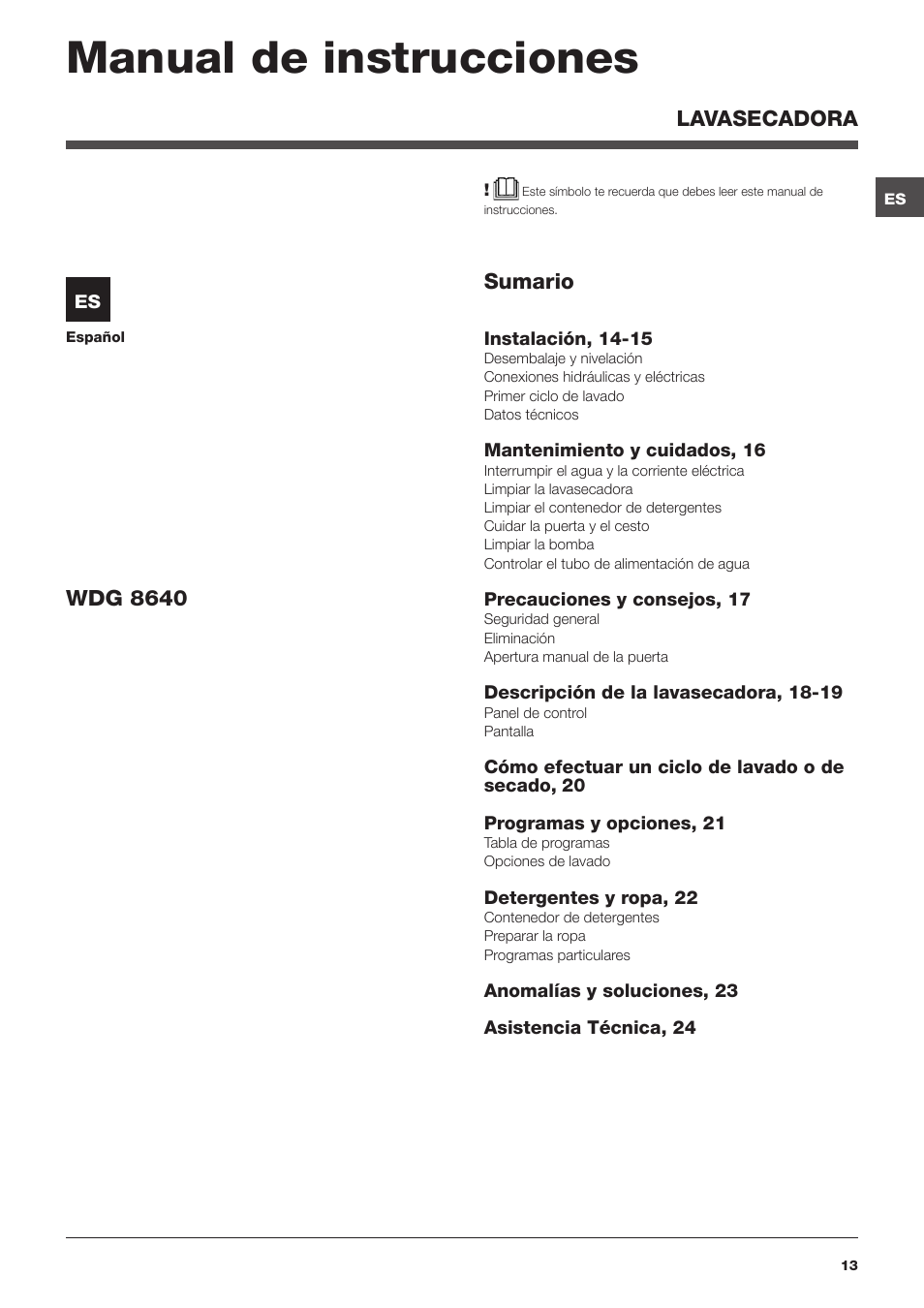 Manual de instrucciones, Lavasecadora, Sumario | Wdg 8640 | Hotpoint Ariston WDG 8640B EU User Manual | Page 13 / 84