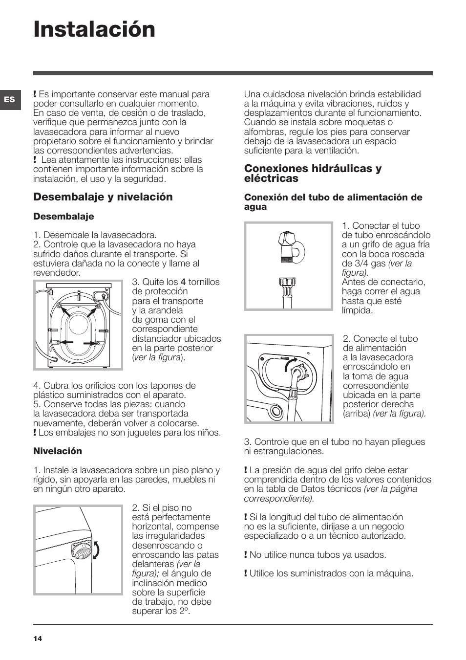 Instalación | Hotpoint Ariston WDG 8640B EU User Manual | Page 14 / 84